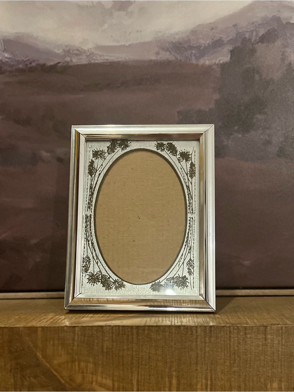 Vintage Silver Tone Metal 5x7 Picture Frame, Oval Mat, Wheat Botanical, 1970s